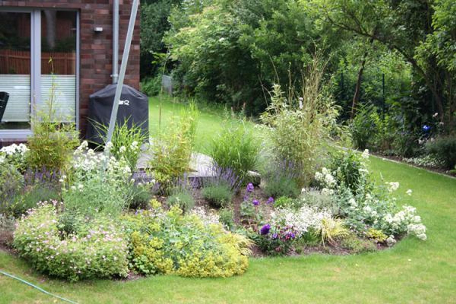 Gartenbeet mit Blumen und Sträuchern