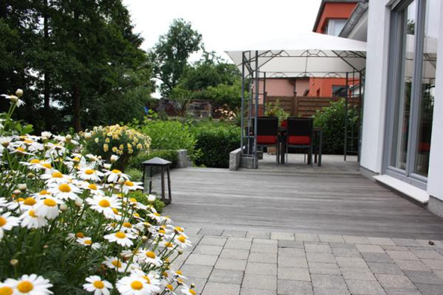 Gartentetrasse mit Margeriten und Pavillon